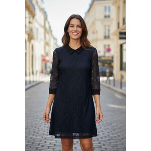 4128) Tommy Hilfiger Navy Blue Black Lace Lined Sheath Dress Size 14